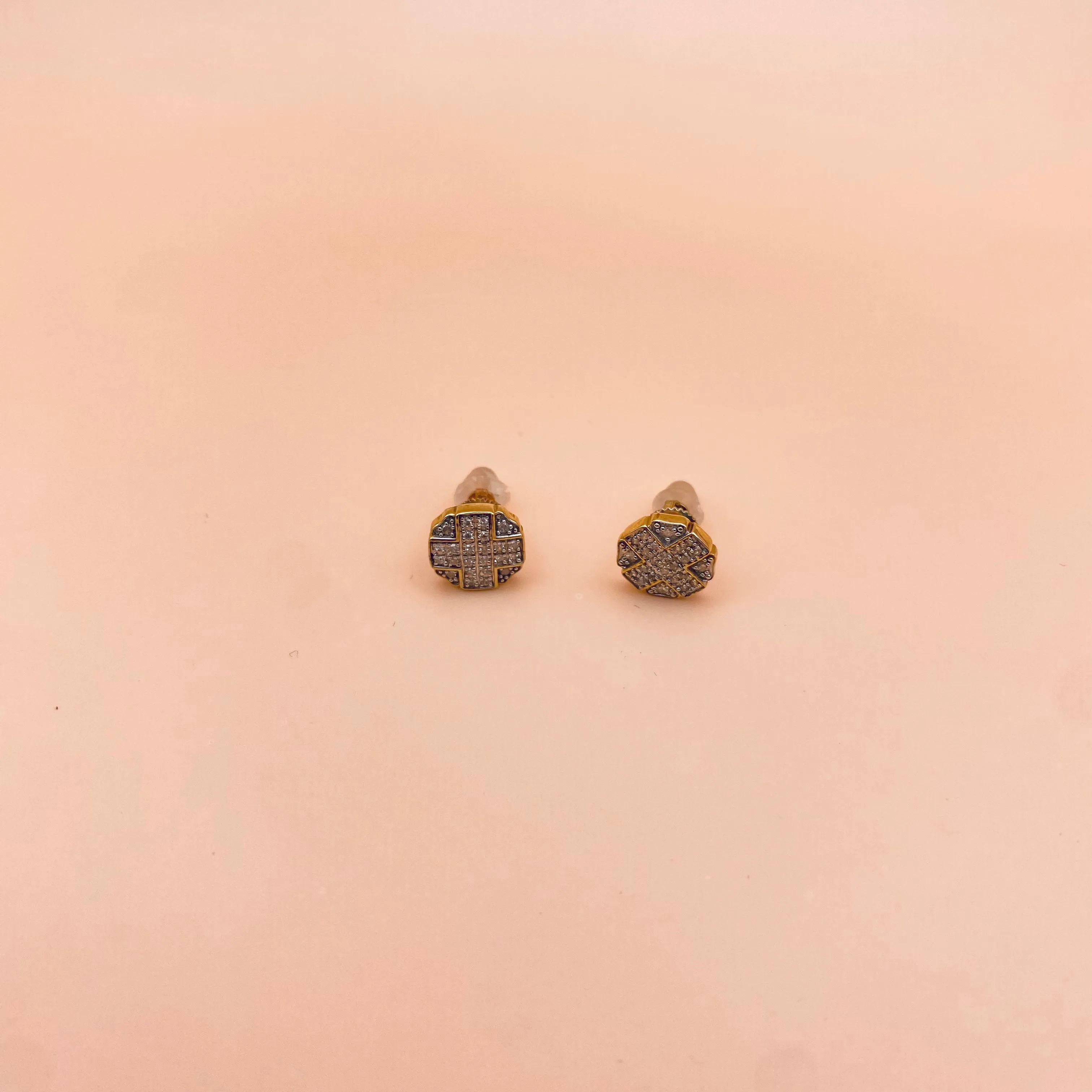 10K Yellow Gold Diamond Cross Circle Stud Earrings 0.17Ct / 1.5gr
