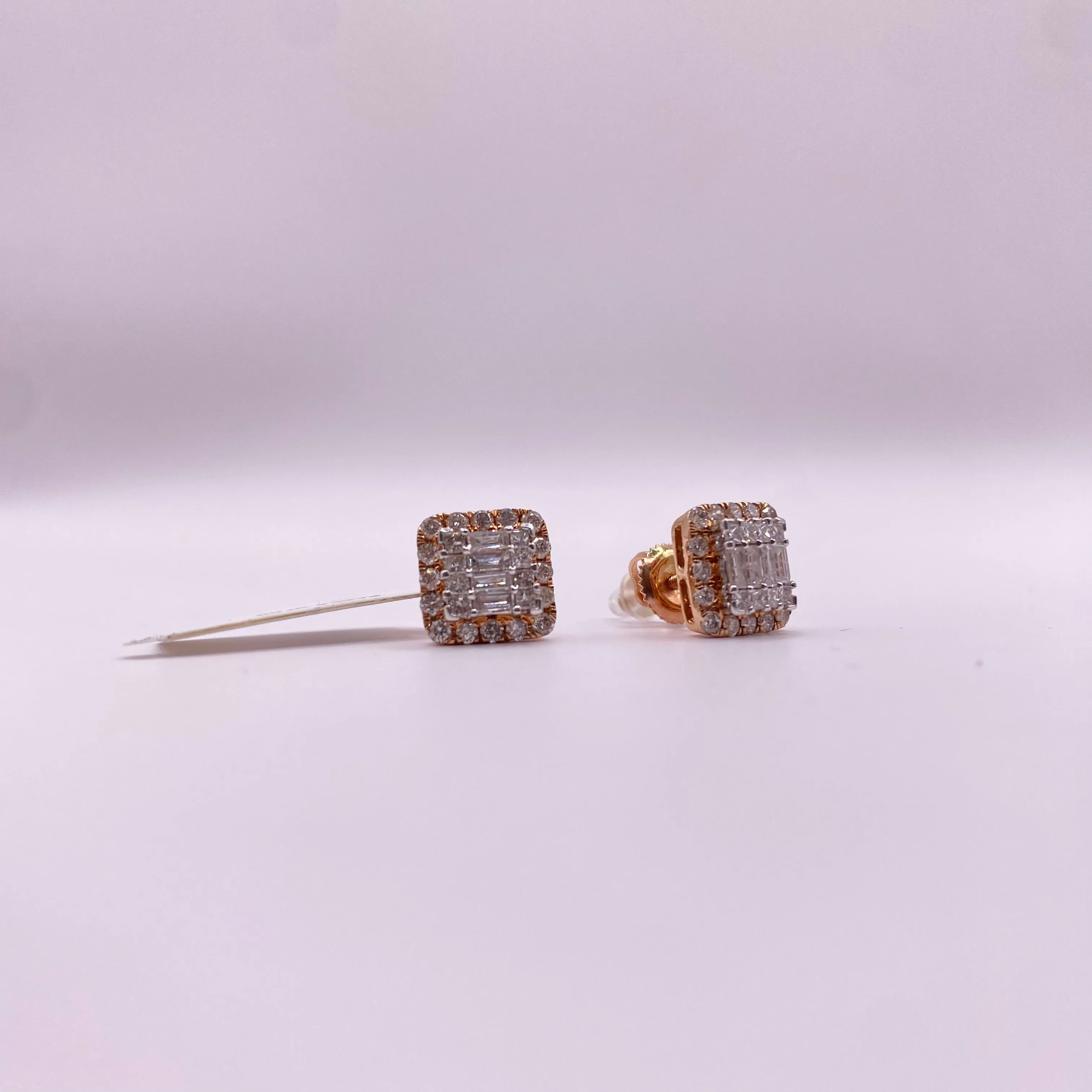 14K Rose Gold Diamond Square Stud Earrings 1.30Ct / 2.6gr