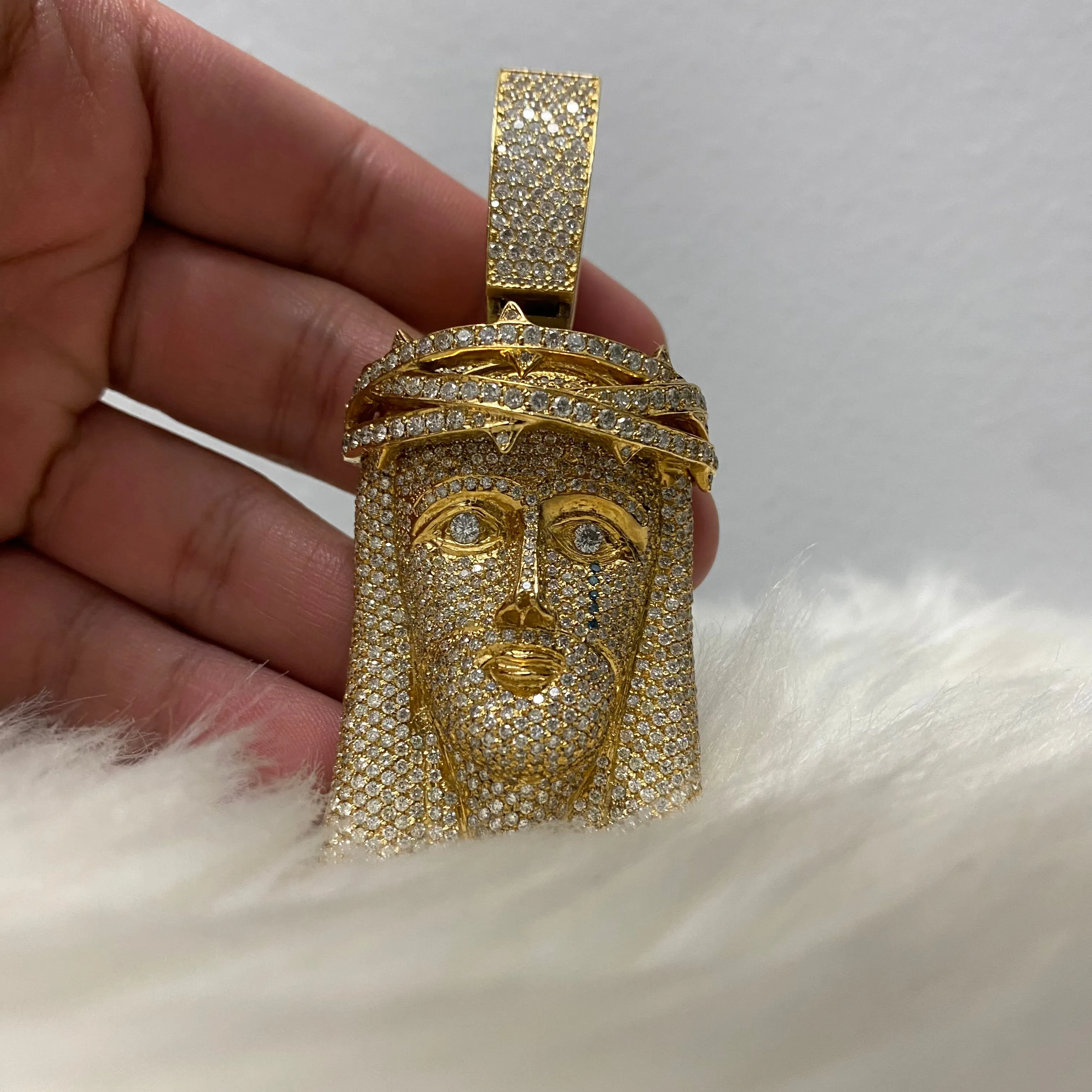 14K Yellow Gold Jesus Face Pendant 16Ct Dia Vs Natural Diamonds / 84.4gr / 3.5in