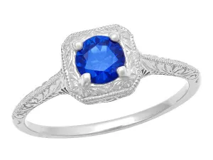 1920's Filigree Scrolls Hand Engraved Art Deco Platinum Sapphire Engagement Ring