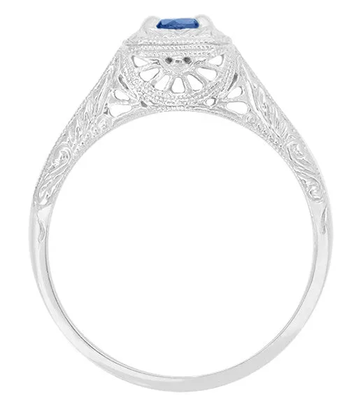1920's Filigree Scrolls Hand Engraved Art Deco Platinum Sapphire Engagement Ring