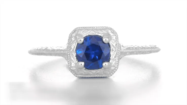 1920's Filigree Scrolls Hand Engraved Art Deco Platinum Sapphire Engagement Ring