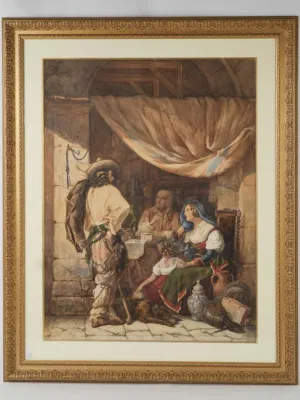 19th century watercolor - interior scene of an antique shop 44½ x 36¼"