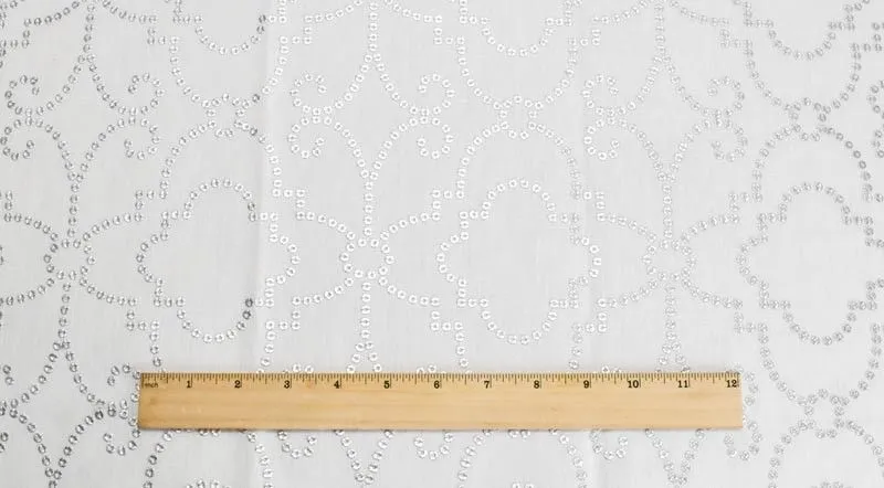 2 YD PC-White/Silver Sequin Quatrefoil Embroidered Drapery Fabric