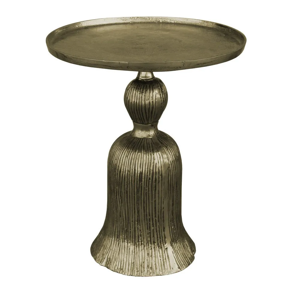 23 Inch Classic Vintage Accent Side Table, Round Tray Top, Aluminum, Pedestal Base, Ridges, Antique Brass By The Urban Port