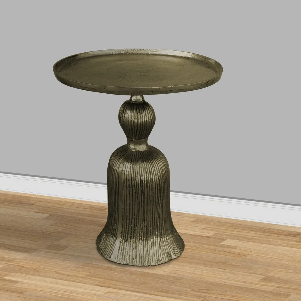 23 Inch Classic Vintage Accent Side Table, Round Tray Top, Aluminum, Pedestal Base, Ridges, Antique Brass By The Urban Port