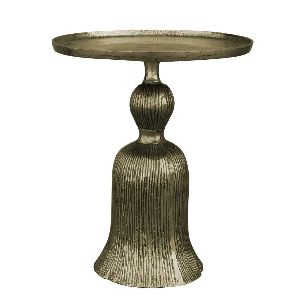 23 Inch Classic Vintage Accent Side Table, Round Tray Top, Aluminum, Pedestal Base, Ridges, Antique Brass By The Urban Port