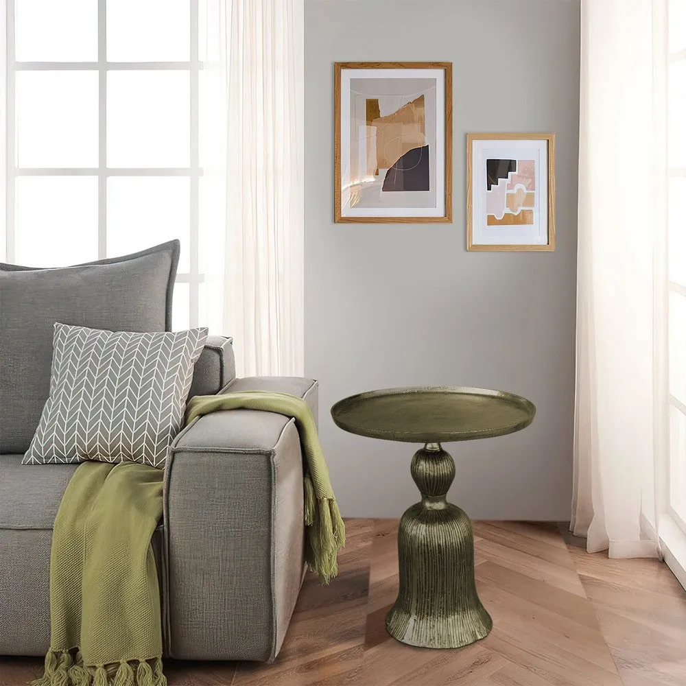 23 Inch Classic Vintage Accent Side Table, Round Tray Top, Aluminum, Pedestal Base, Ridges, Antique Brass By The Urban Port