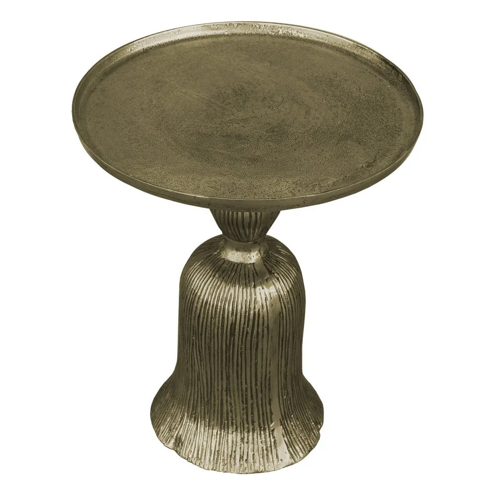 23 Inch Classic Vintage Accent Side Table, Round Tray Top, Aluminum, Pedestal Base, Ridges, Antique Brass By The Urban Port