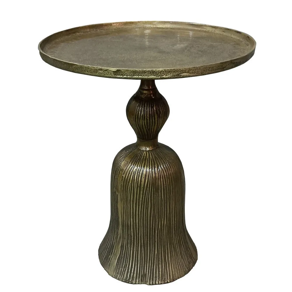 23 Inch Classic Vintage Accent Side Table, Round Tray Top, Aluminum, Pedestal Base, Ridges, Antique Brass By The Urban Port