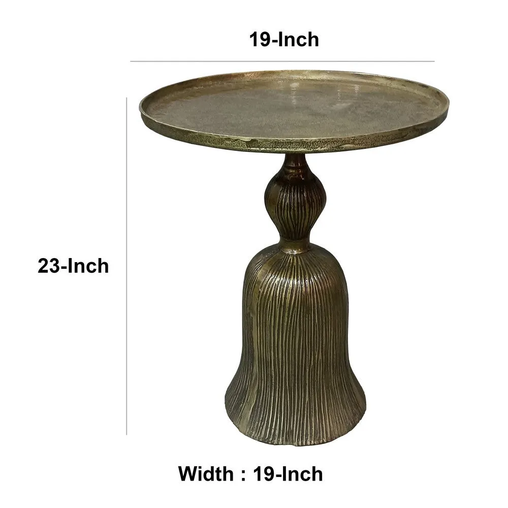 23 Inch Classic Vintage Accent Side Table, Round Tray Top, Aluminum, Pedestal Base, Ridges, Antique Brass By The Urban Port