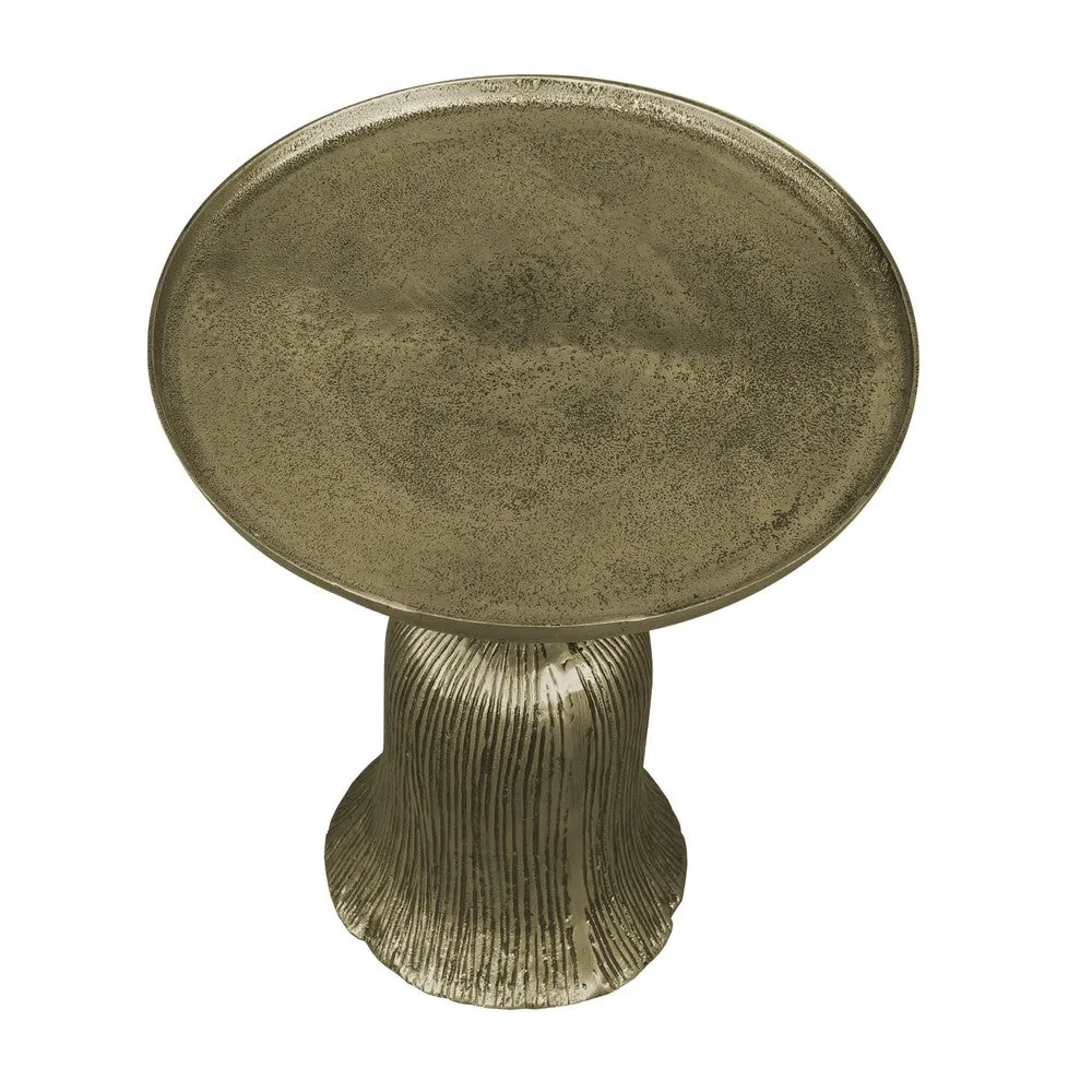 23 Inch Classic Vintage Accent Side Table, Round Tray Top, Aluminum, Pedestal Base, Ridges, Antique Brass By The Urban Port