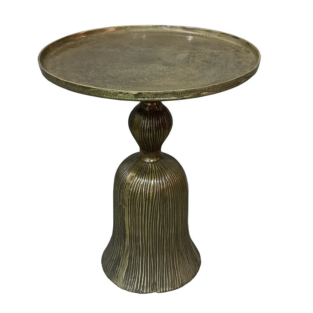 23 Inch Classic Vintage Accent Side Table, Round Tray Top, Aluminum, Pedestal Base, Ridges, Antique Brass By The Urban Port
