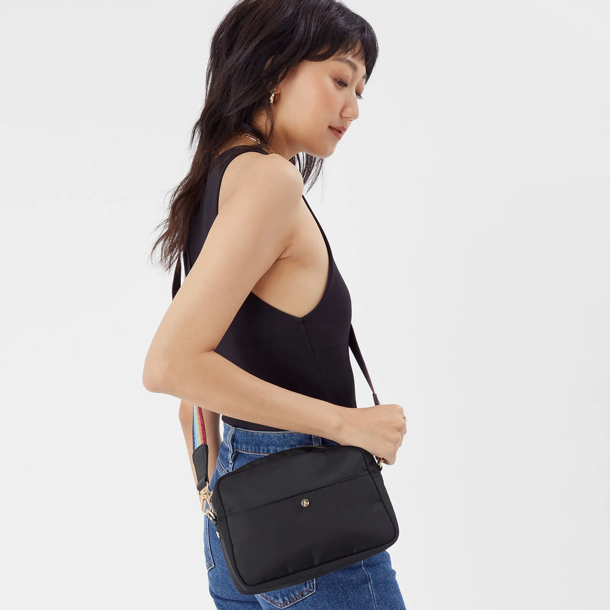 Accessorize London Women's Faux Leather Black Rainbow Strap Sling Bag