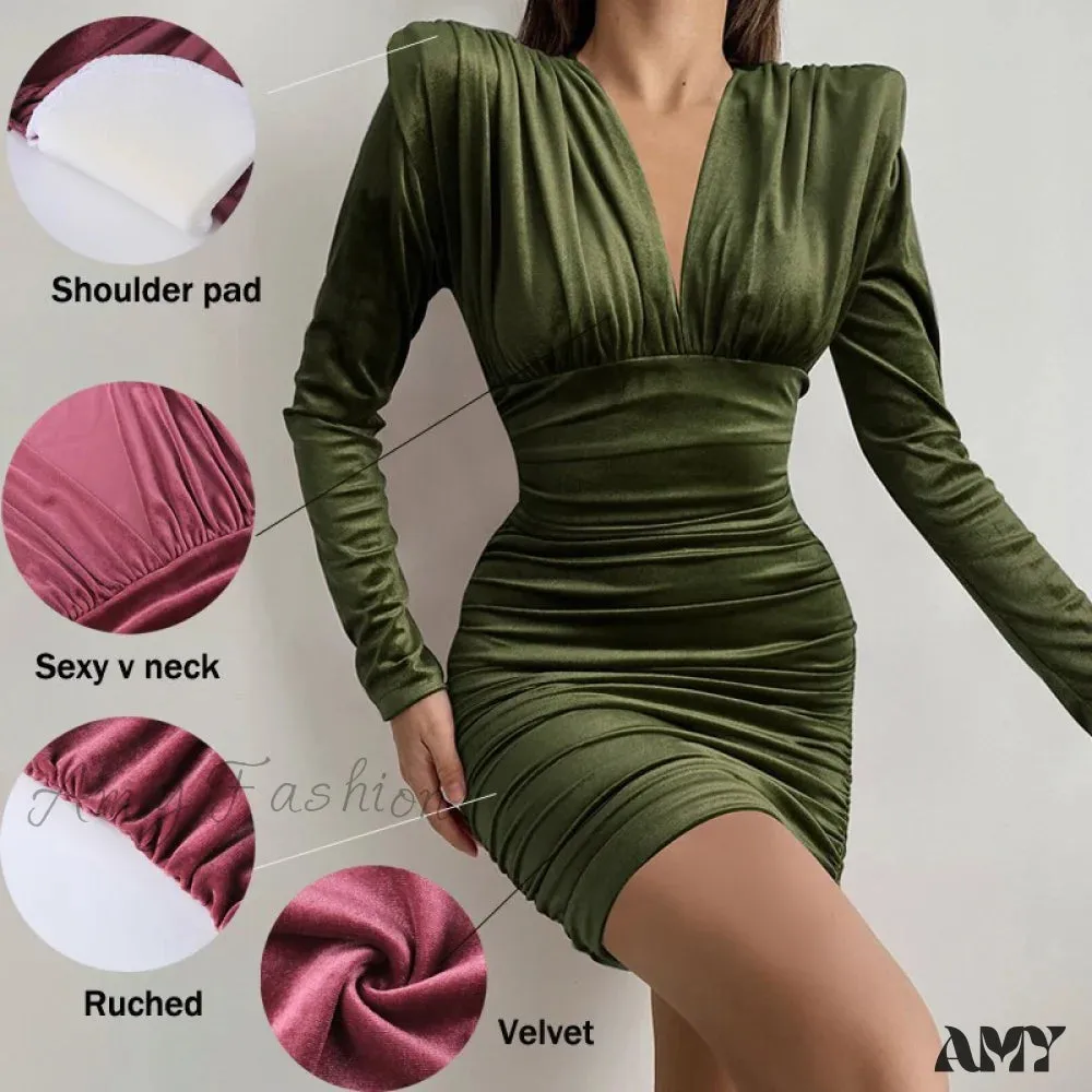 Amy Fashion - Autumn V Neck Velvet Dress