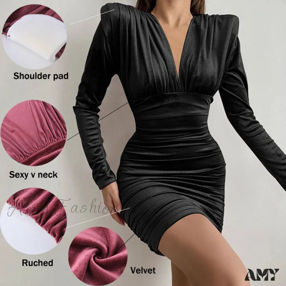 Amy Fashion - Autumn V Neck Velvet Dress