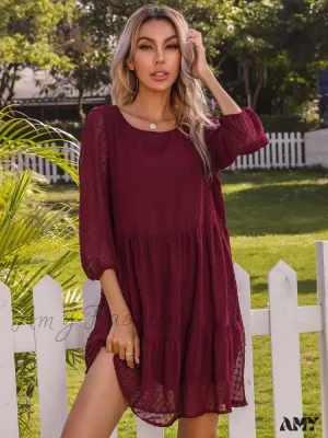 Amy Fashion - O Neck Three Quarter Sleeve Solid Loose Party Dress