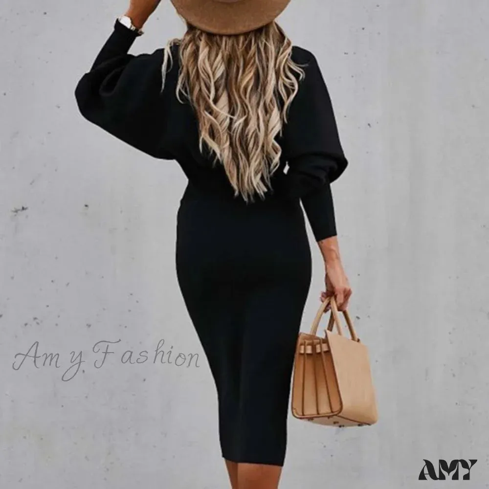 Amy Fashion - Tight High Waist Elegant Long Lantern Sleeve O-Neck Dress
