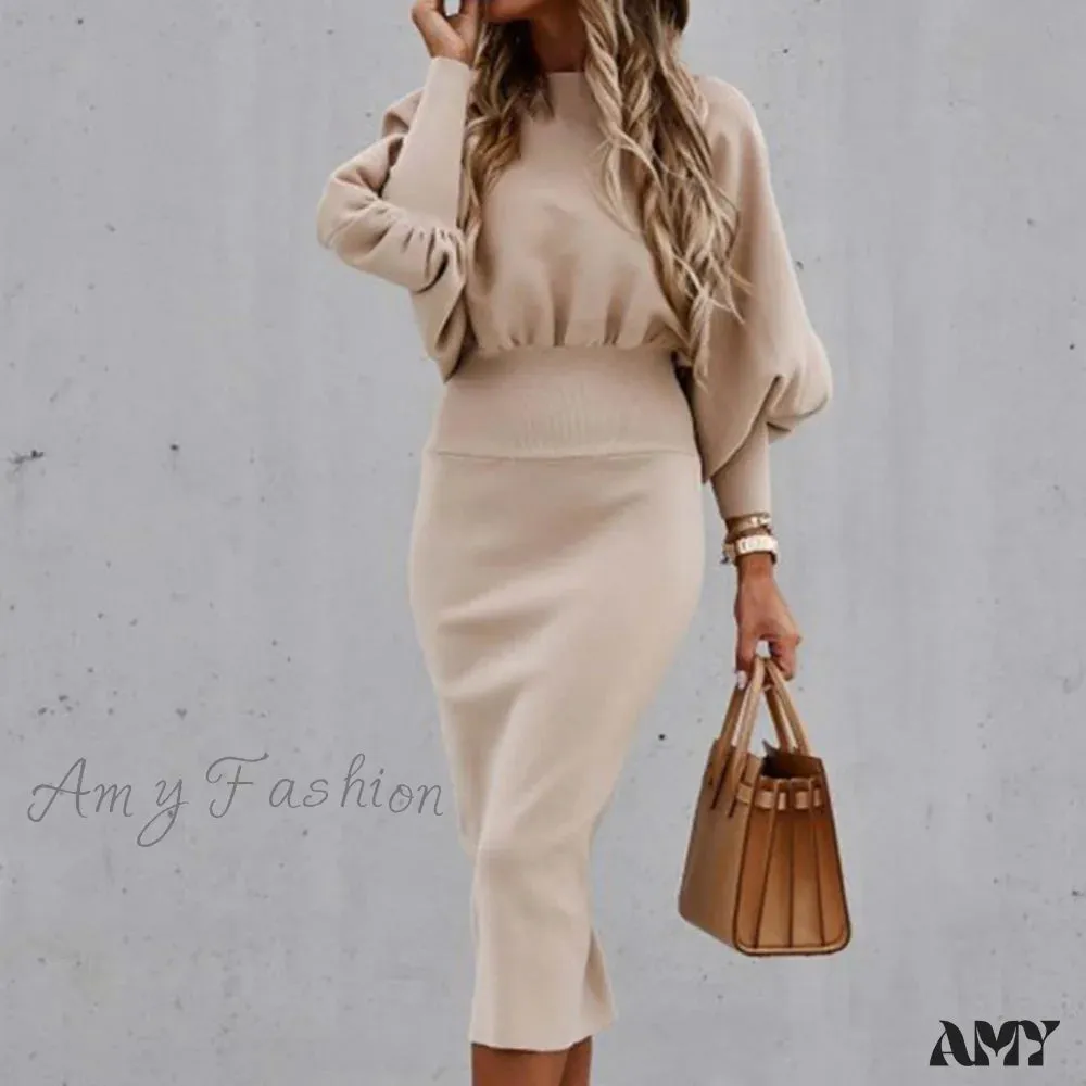 Amy Fashion - Tight High Waist Elegant Long Lantern Sleeve O-Neck Dress