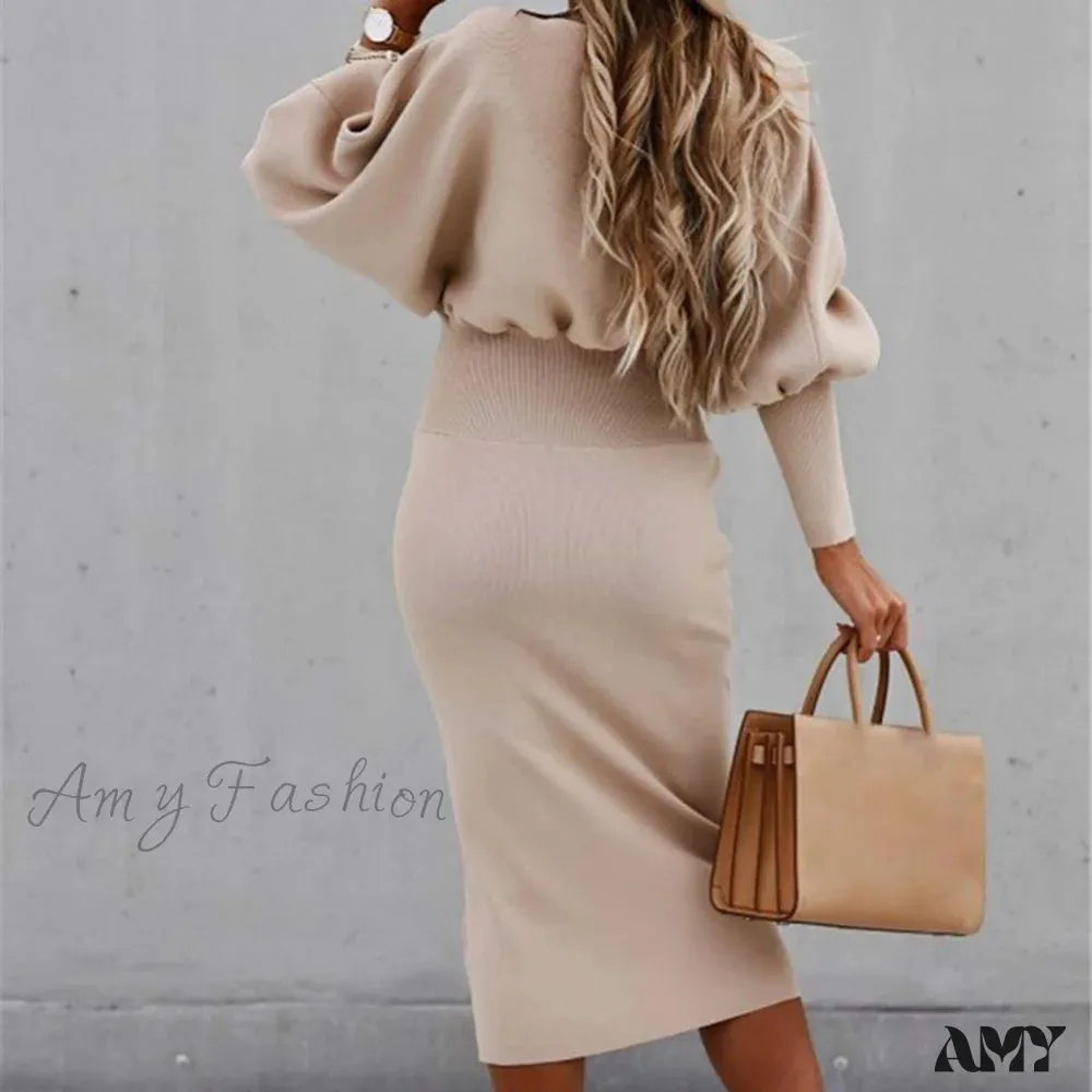 Amy Fashion - Tight High Waist Elegant Long Lantern Sleeve O-Neck Dress
