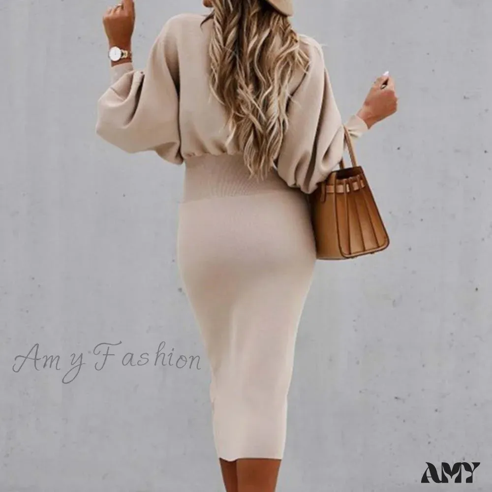 Amy Fashion - Tight High Waist Elegant Long Lantern Sleeve O-Neck Dress