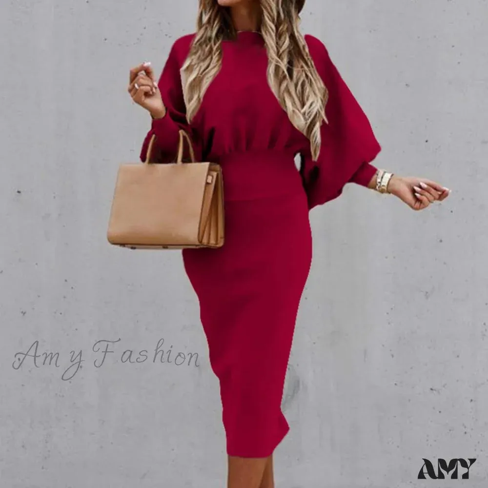 Amy Fashion - Tight High Waist Elegant Long Lantern Sleeve O-Neck Dress
