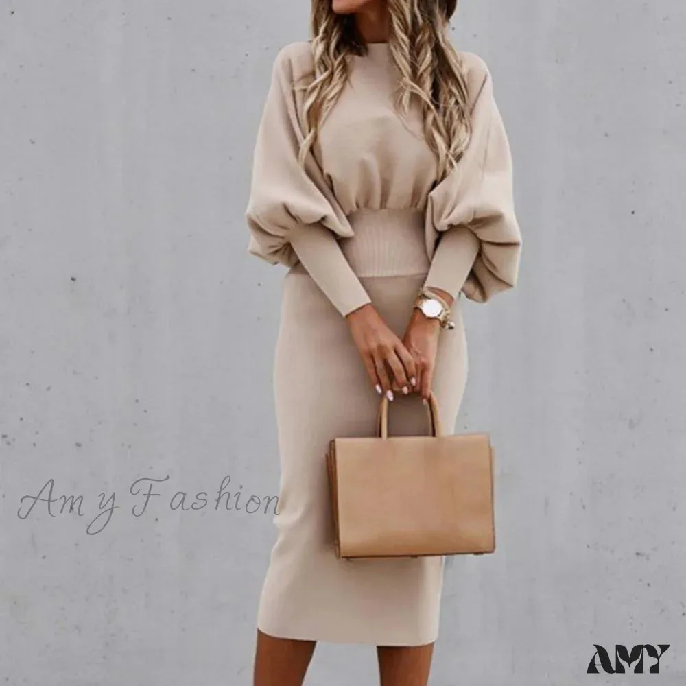 Amy Fashion - Tight High Waist Elegant Long Lantern Sleeve O-Neck Dress