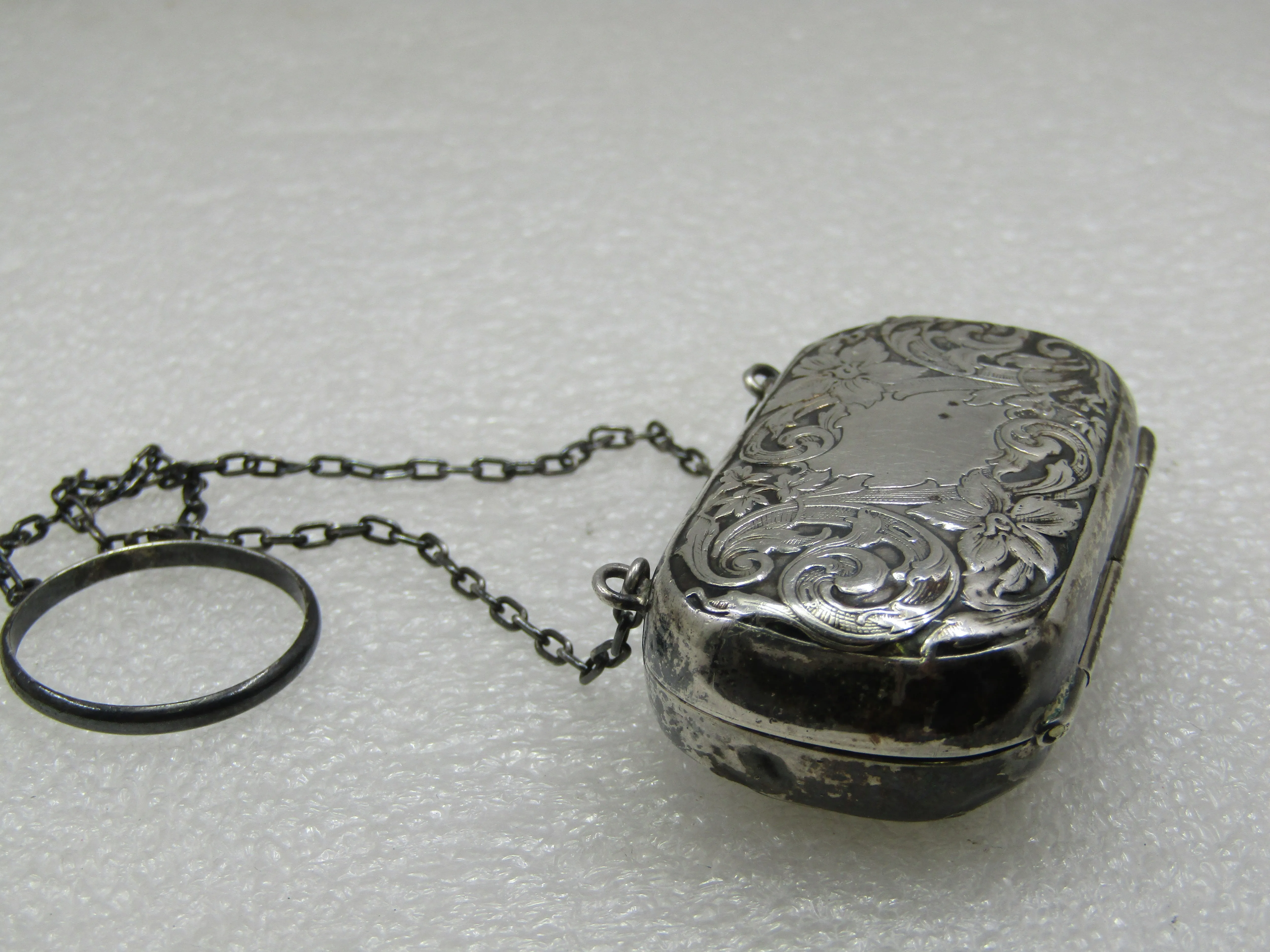 Antique 1900's Sterling Silver Dime Purse with double chain and a ring.