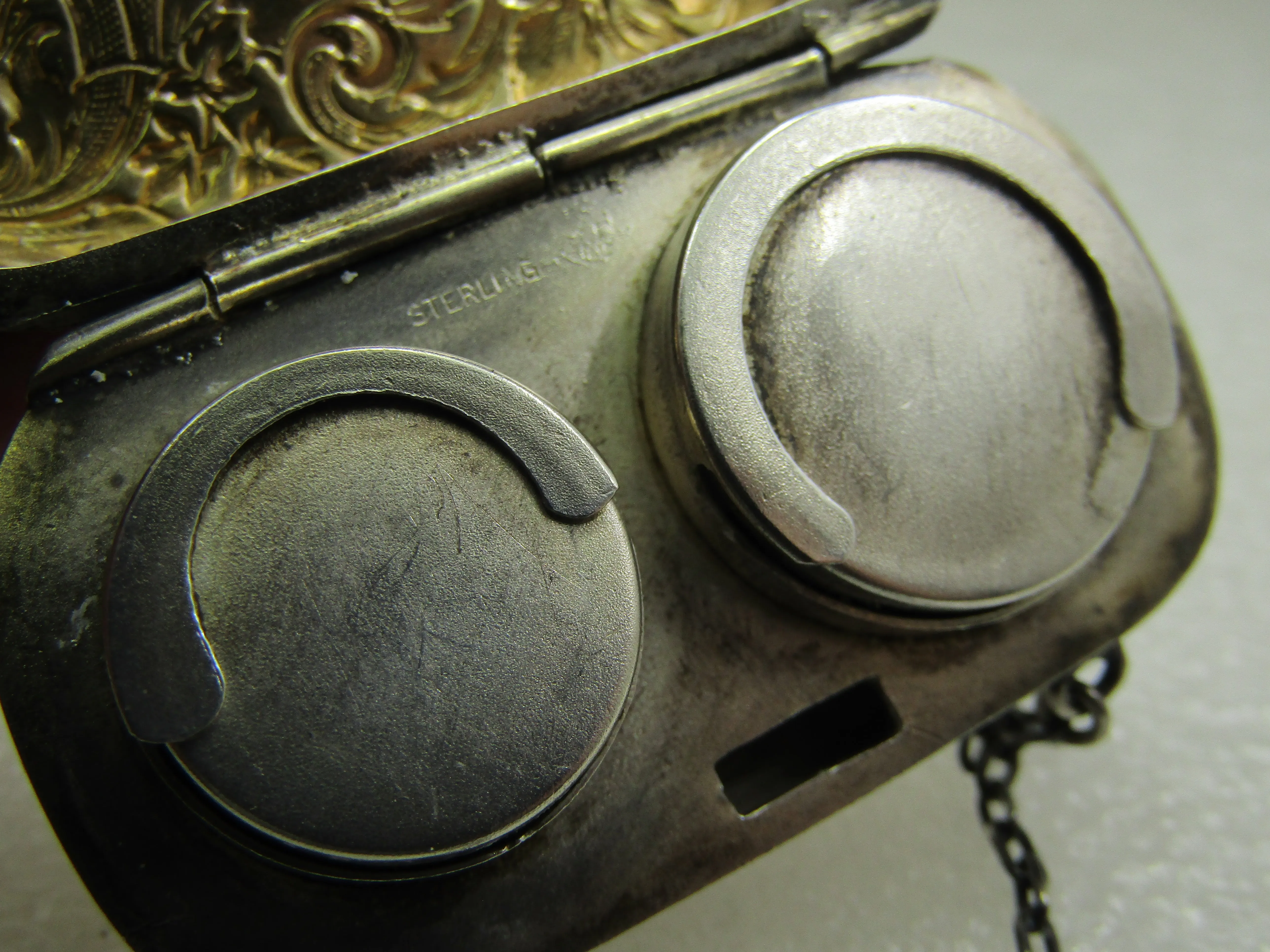 Antique 1900's Sterling Silver Dime Purse with double chain and a ring.