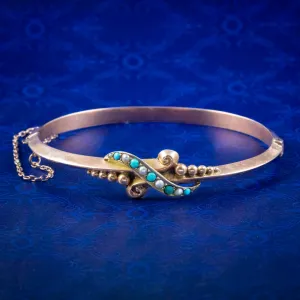 Antique Edwardian Turquoise Pearl Bangle 9ct Gold Dated 1901