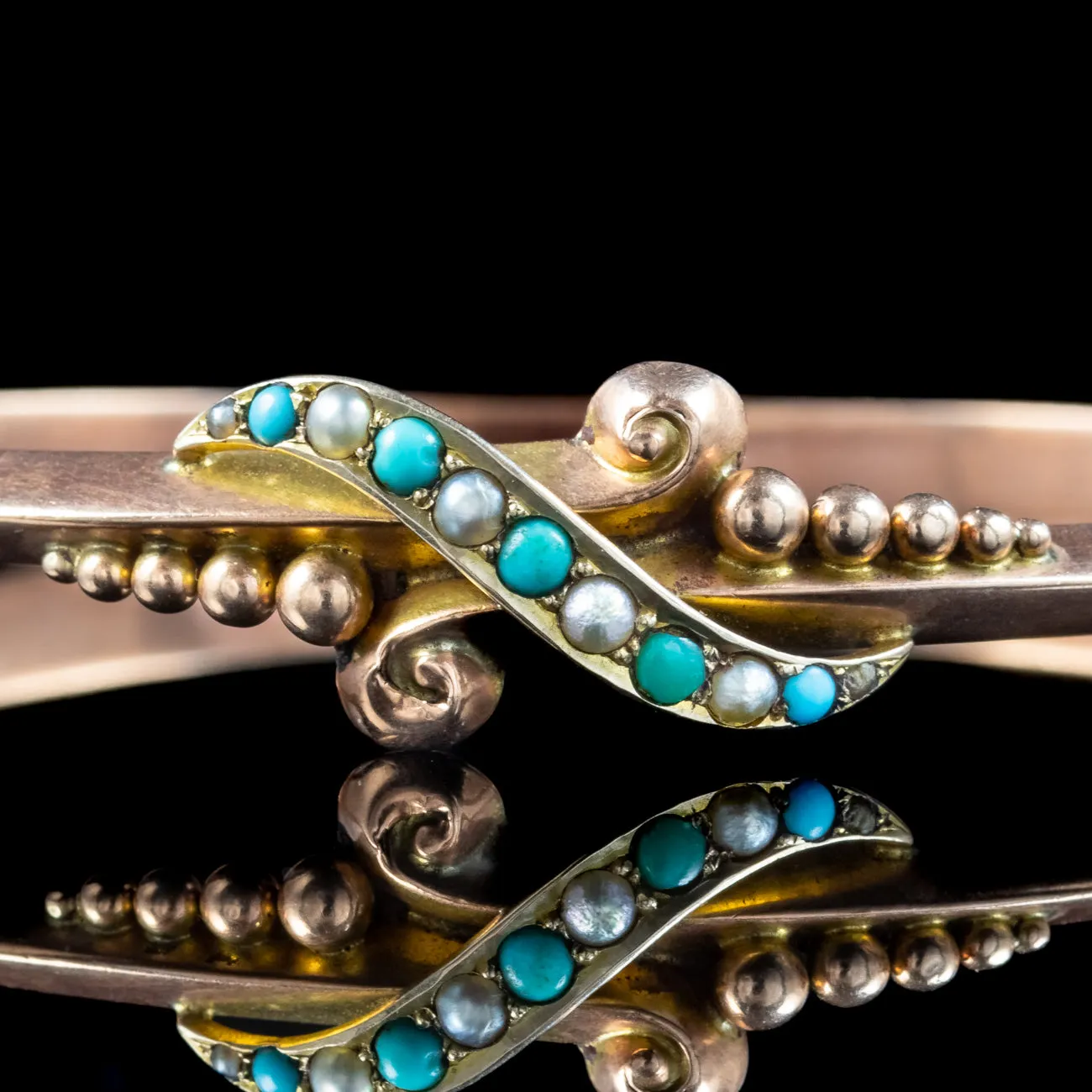 Antique Edwardian Turquoise Pearl Bangle 9ct Gold Dated 1901