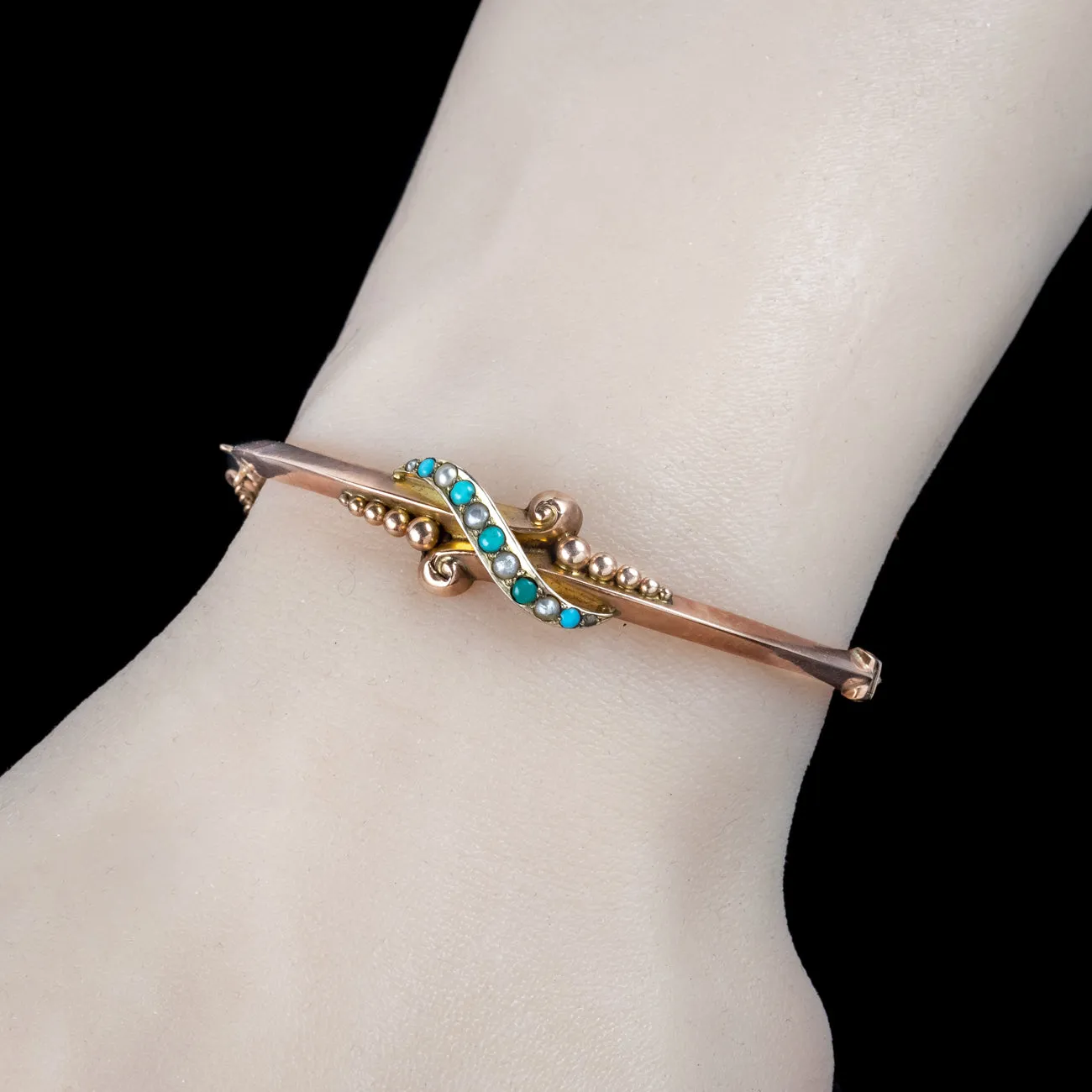 Antique Edwardian Turquoise Pearl Bangle 9ct Gold Dated 1901