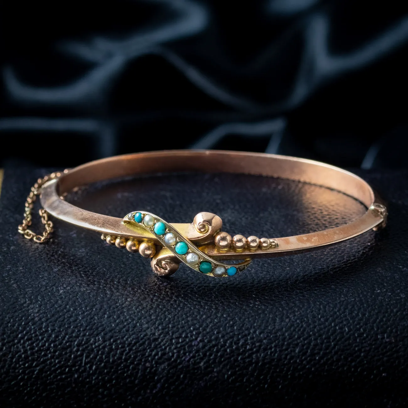 Antique Edwardian Turquoise Pearl Bangle 9ct Gold Dated 1901