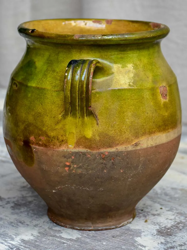 Antique French confit pot with green glaze 9"