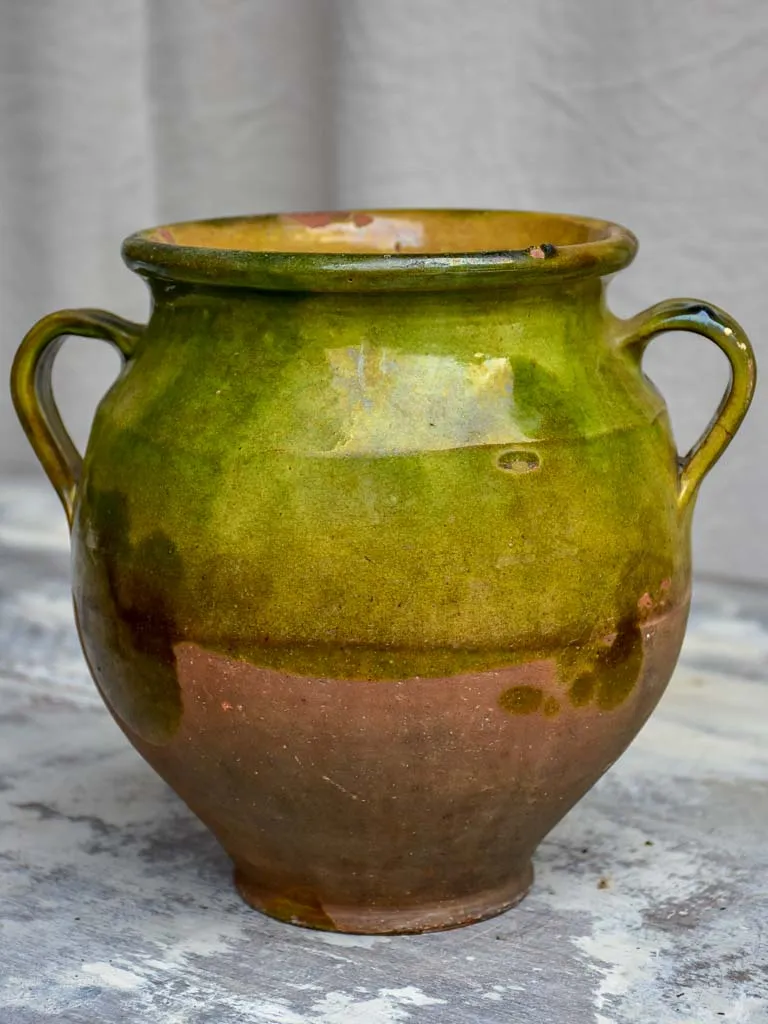Antique French confit pot with green glaze 9"