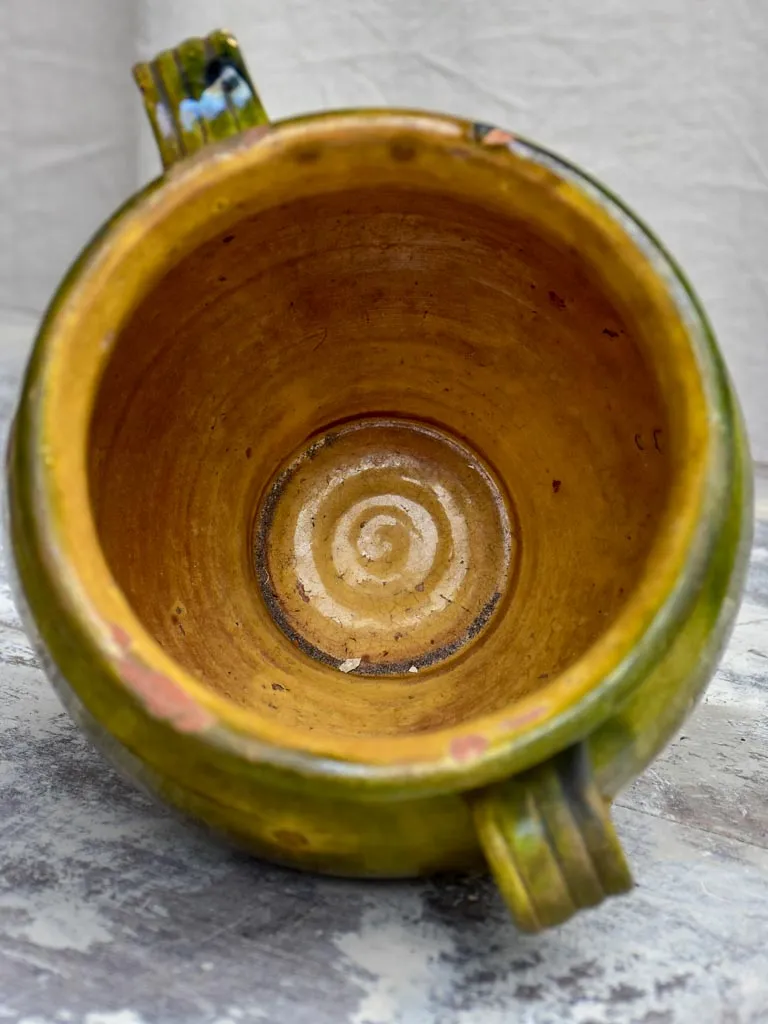 Antique French confit pot with green glaze 9"