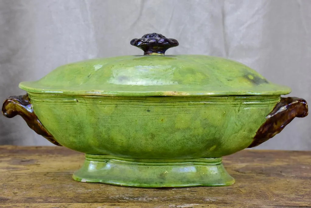 Antique French vegetable tureen from Dieulefit - green glaze