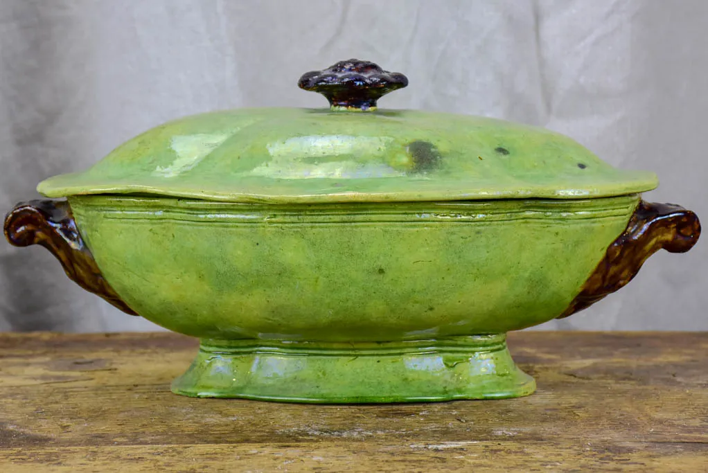Antique French vegetable tureen from Dieulefit - green glaze