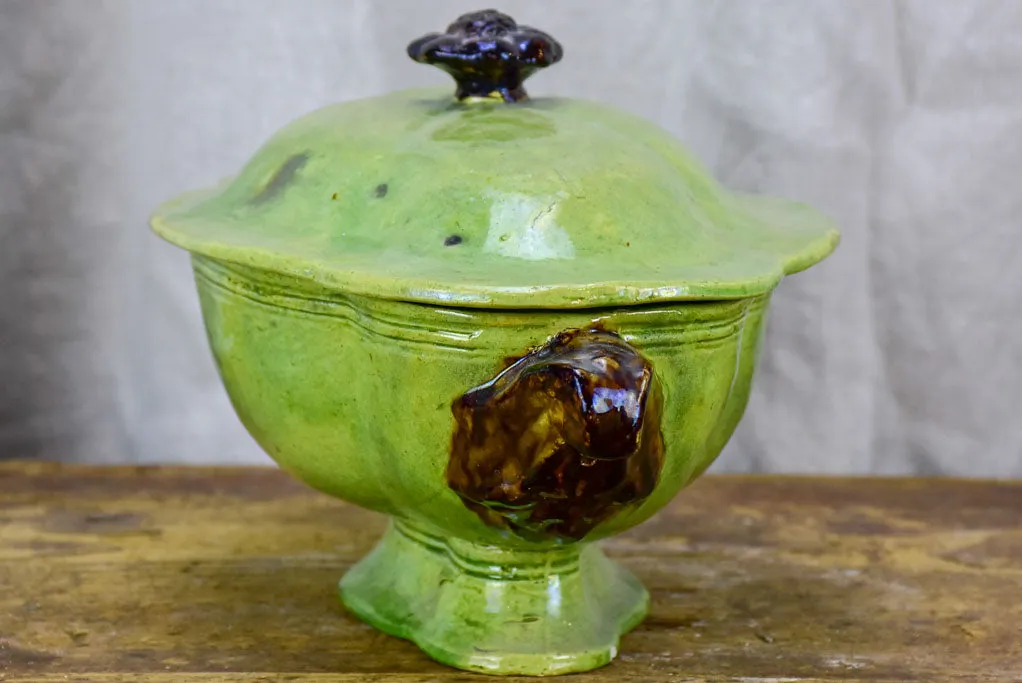 Antique French vegetable tureen from Dieulefit - green glaze