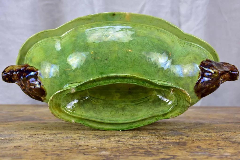 Antique French vegetable tureen from Dieulefit - green glaze