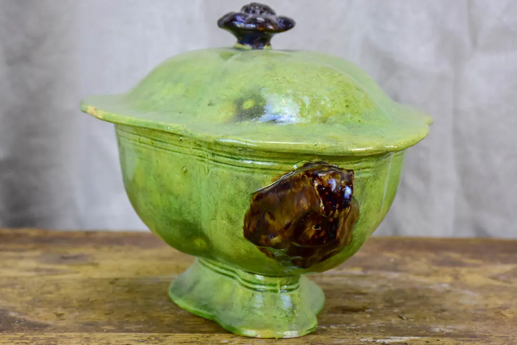 Antique French vegetable tureen from Dieulefit - green glaze