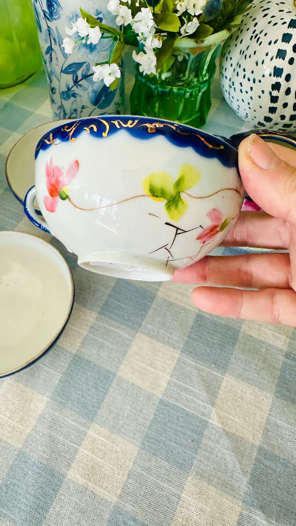 Antique Nippon Creamer and 3 Teacups, Hand Painted