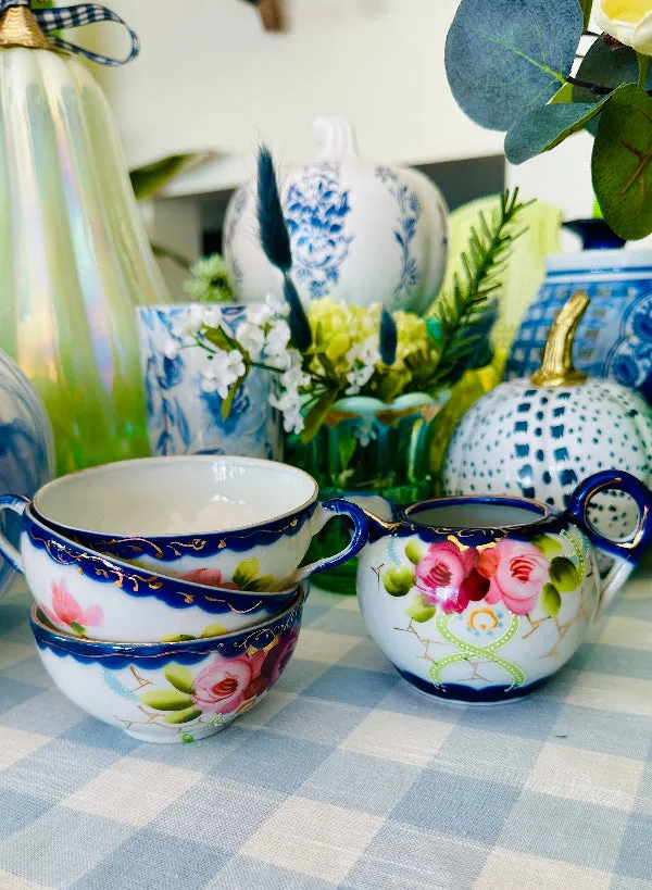 Antique Nippon Creamer and 3 Teacups, Hand Painted
