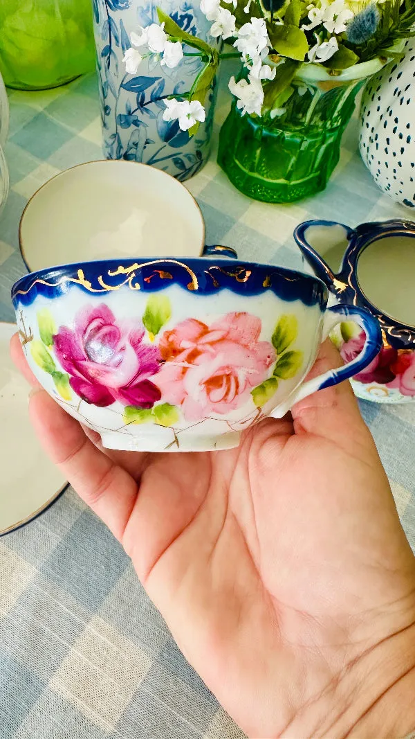 Antique Nippon Creamer and 3 Teacups, Hand Painted
