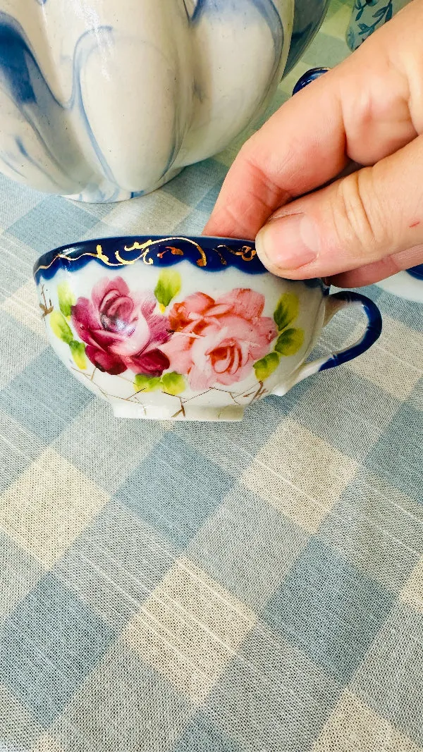 Antique Nippon Creamer and 3 Teacups, Hand Painted