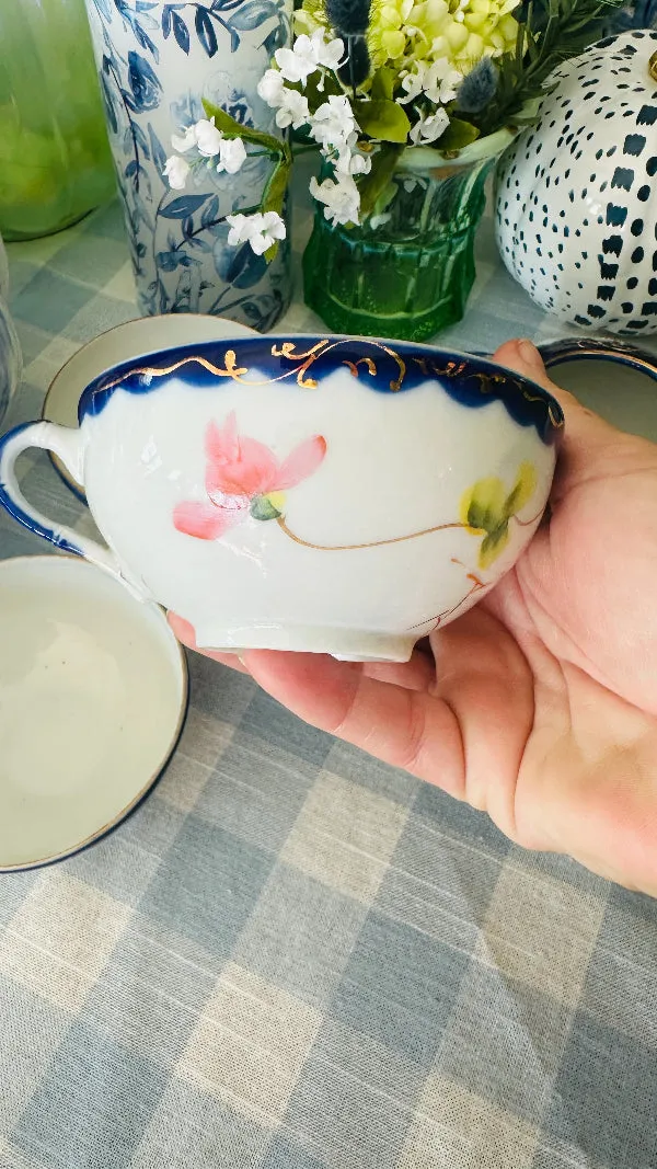 Antique Nippon Creamer and 3 Teacups, Hand Painted