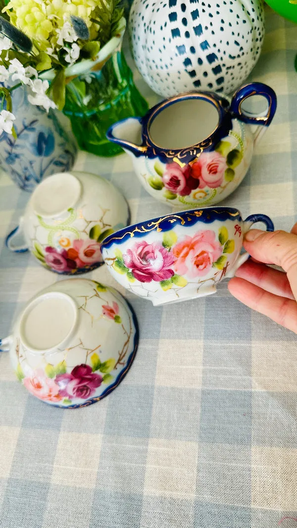 Antique Nippon Creamer and 3 Teacups, Hand Painted
