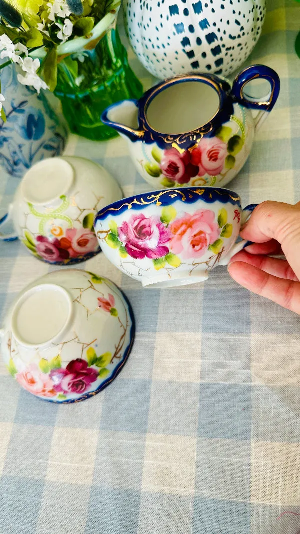Antique Nippon Creamer and 3 Teacups, Hand Painted