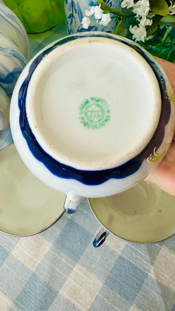 Antique Nippon Creamer and 3 Teacups, Hand Painted