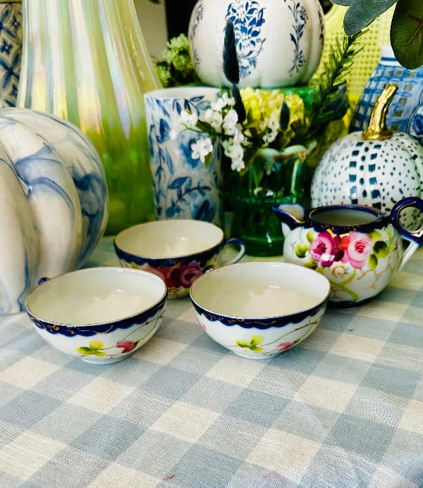 Antique Nippon Creamer and 3 Teacups, Hand Painted